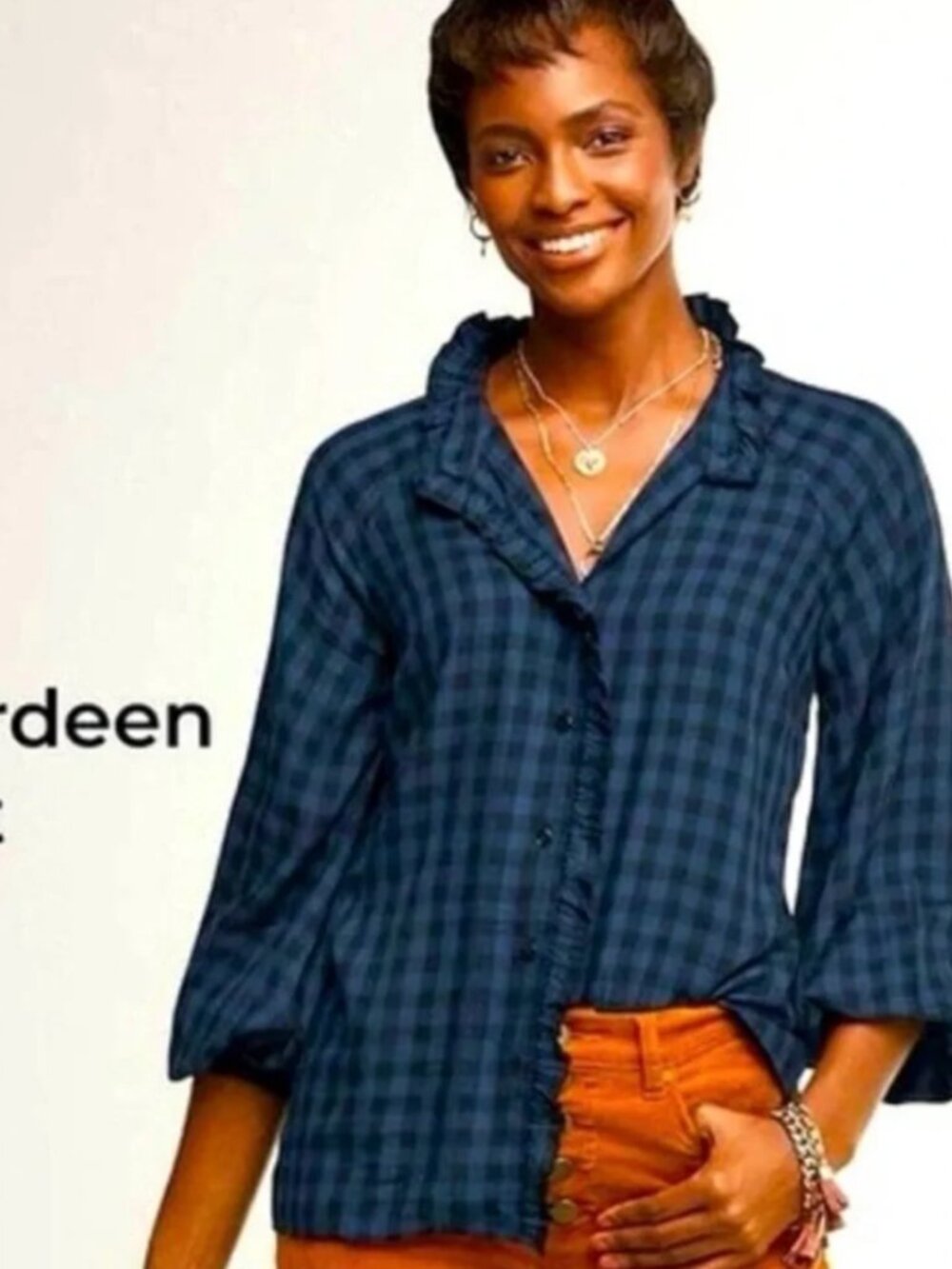 CAbi Aberdeen Shirt #3961 Ruffle Trim Buffalo Plaid Button Front Rayon Blouse